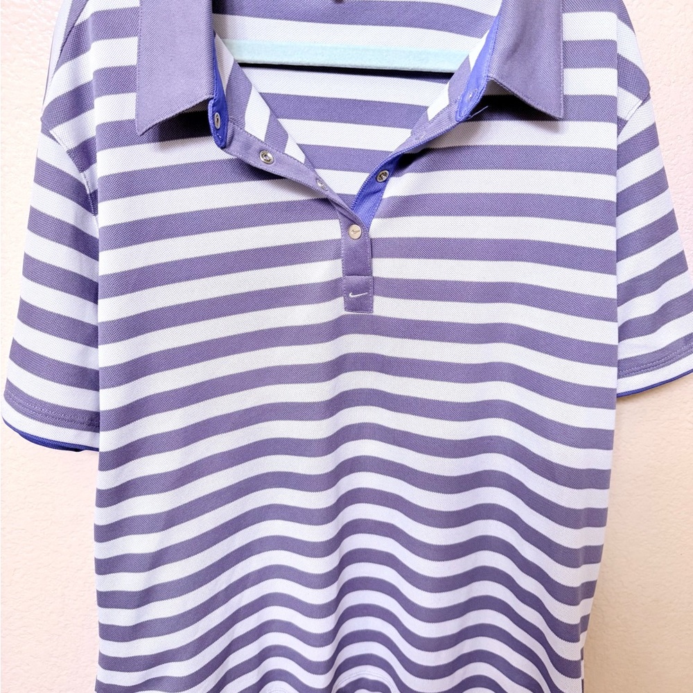 Nike Polo Shirt Womens L Purple Striped Dri-Fit Golf Golfer Active, tennis